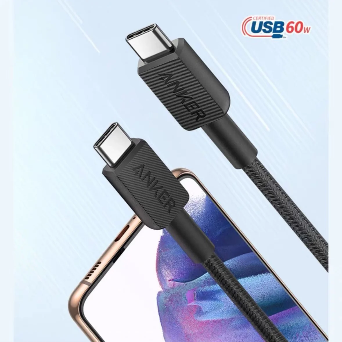 Anker 322 USB-C a USB-C Cable de carga máximo de 60 W Trenzado de 3 pies Compatible con USB-C Teléfonos Tabletas y portátiles
