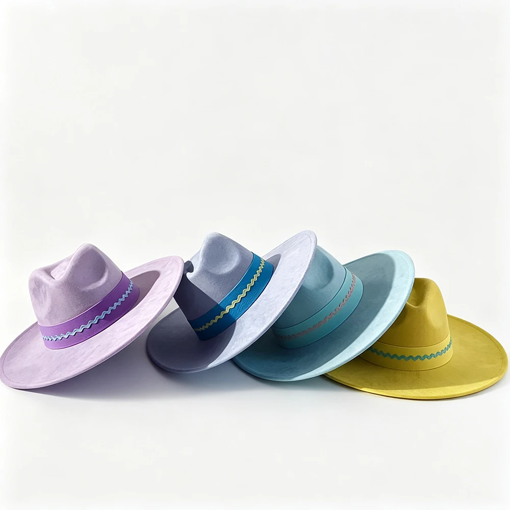 Pastel Macaron Color Faux Suede Fedora Hat for Women, Wave Ribbon Decor Wide Brim Jazz Cap, Western Cowgirl Sun Hat Casual Daily