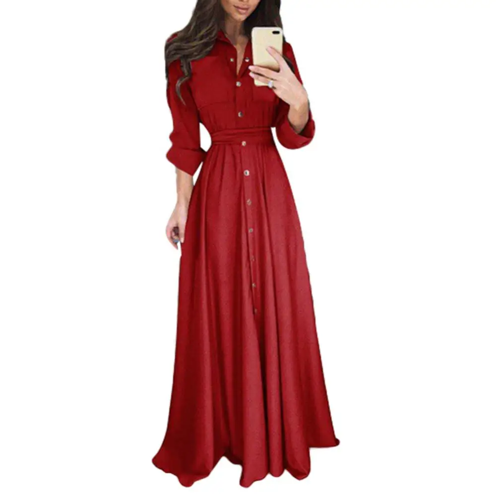 Autumn Winter Fashion Women's New Solid Color Long-sleeved Lapel Button All-match Long Shirt Dress Party Office 2024