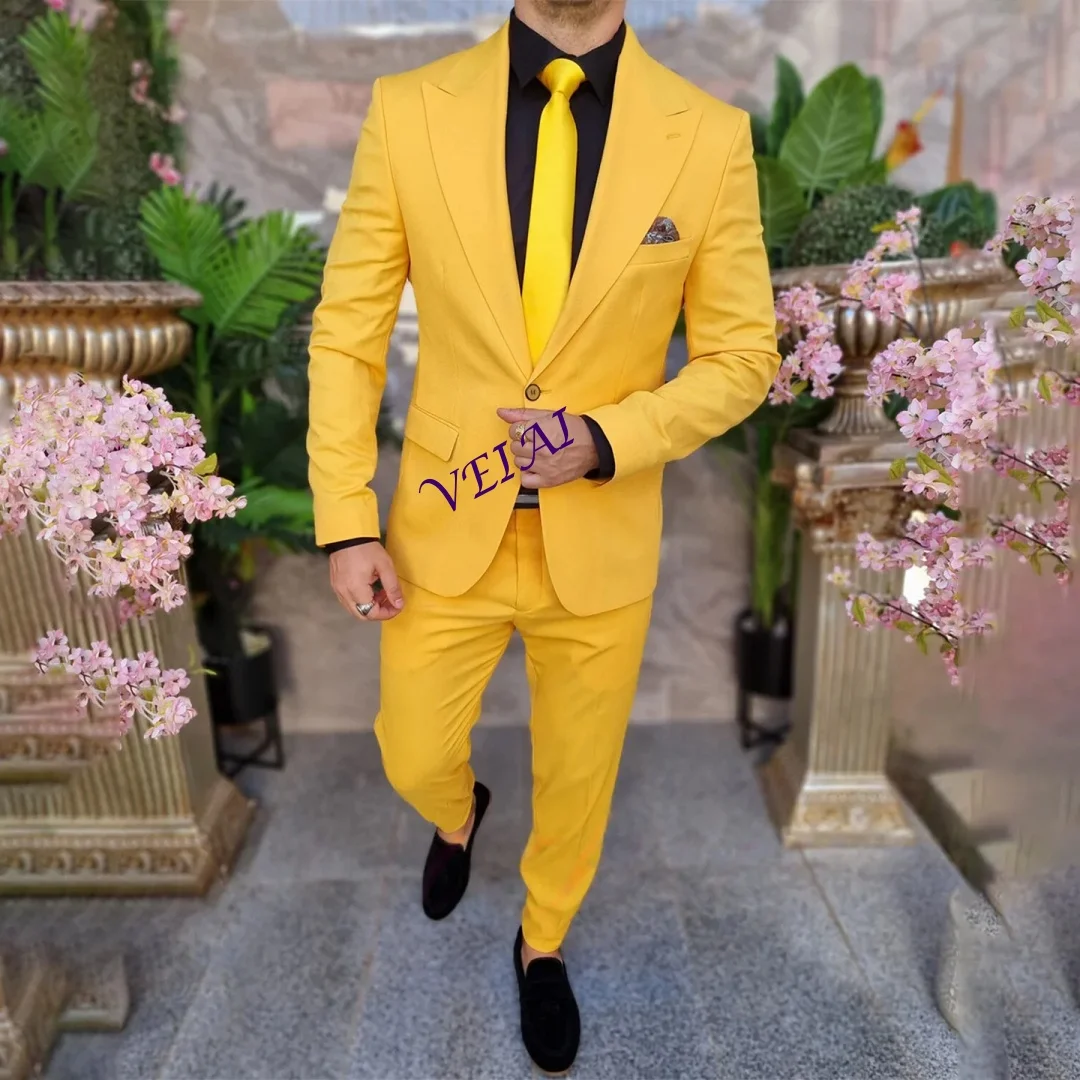 

Formal Yellow 2 Piece Sets Men's Solid Wedding Suit Slim Fit Single Breasted Jacket Peak Lapel Blazers Suits Male Customized