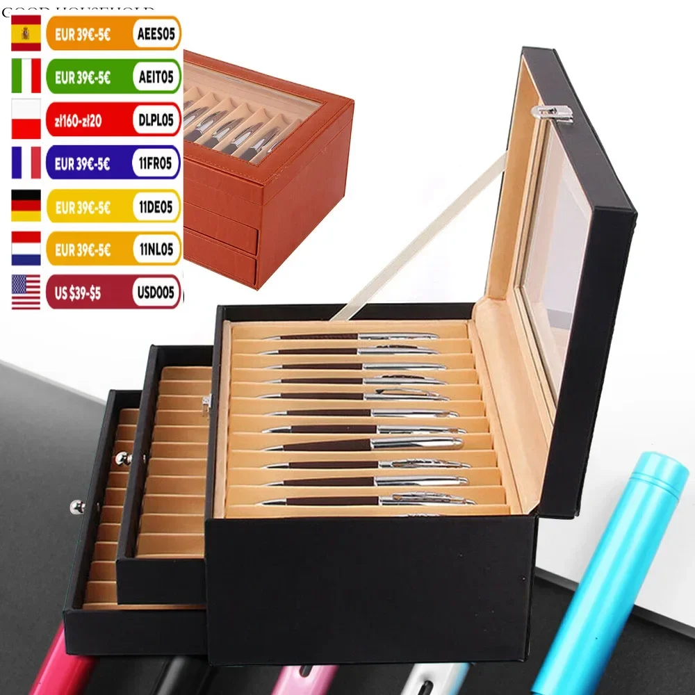 Luxuy Leather Fountain Pen Storage Display Case 36 Slots Capacity Drawer Type Flannel Organizer Box for Family Friend Gift