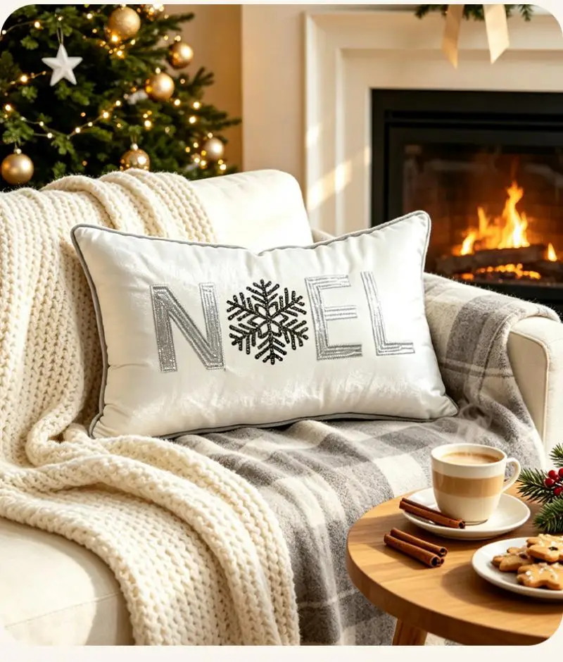 Weihnachts-Samt-Kissenbezug mit Buchstaben-Stickerei, Sofakissenbezug für Wohnzimmer, Weihnachts-Schneeflocken-Kissenbezüge – Detail 6