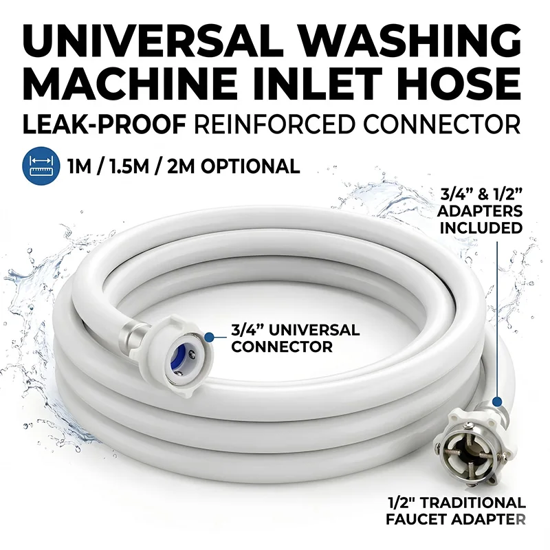 

Universal Washing Machine Water Inlet Hose 1m/1.5m/2m Leak-Proof Reinforced Connector 1/2" 3/4" Adapter for Standard Faucet Pipe
