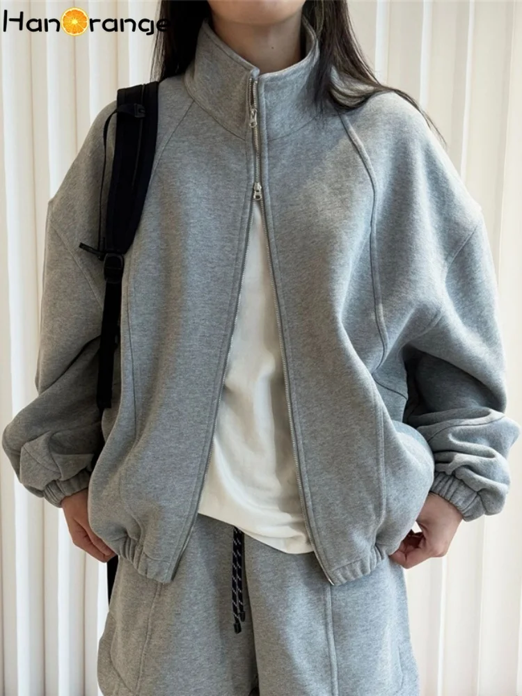 

HanOrange 2025 Spring Sporty Pure Cotton Stand Collar Sweatshirt Comfortable Breathable Simple Zip-Up Jacket Grey/Navy Blue