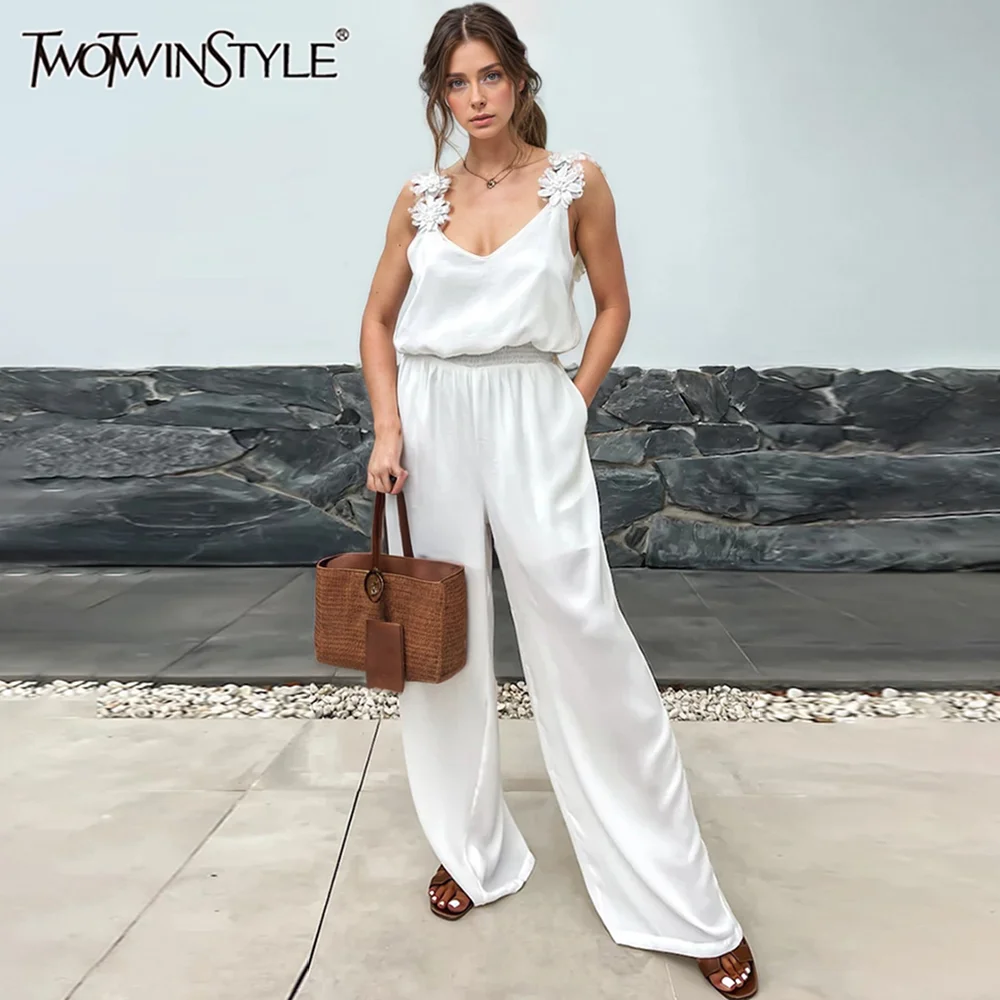 

TWOTWINSTYLE Spliced Appliques Casaul Jumpsuits For Women Square Collar Sleeveless Backless High Waist Loose Jumpsuit Female New