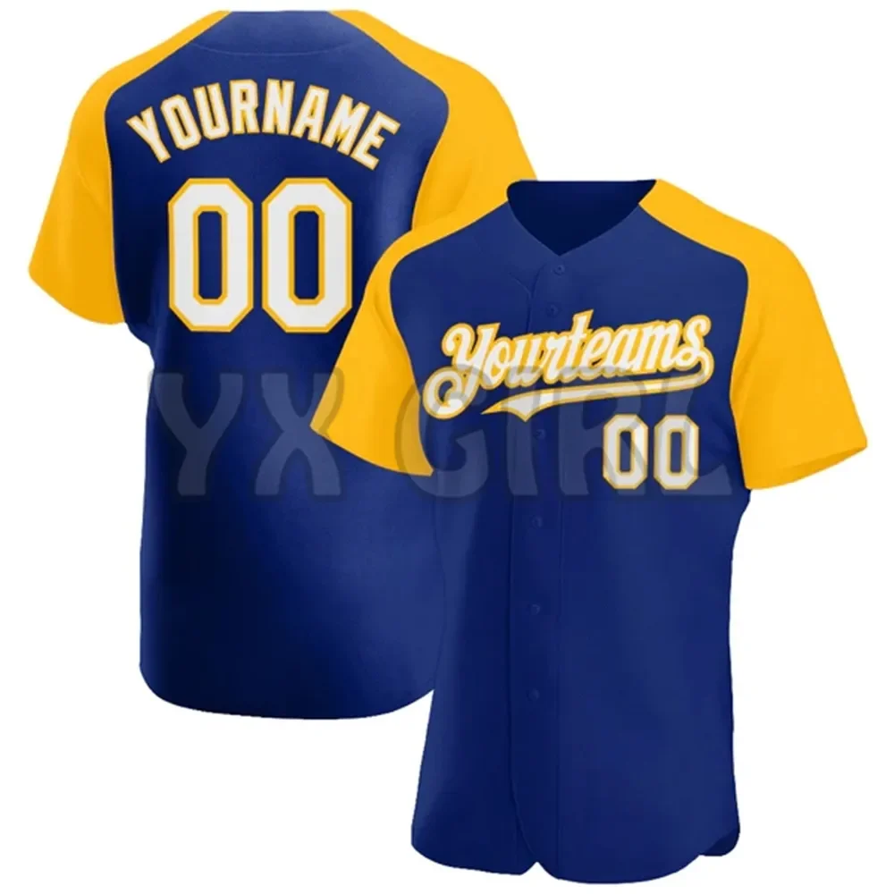 Custom Royal White-Gold Authentic Raglan Sleeves Baseball Jersey 3D Printed Men Women Shirt Casual Shirts Sport Unisex Tops