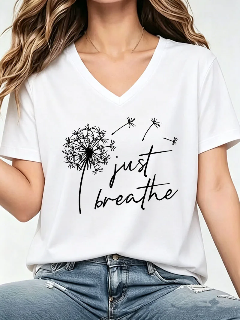 Fashion Just Breathe Dandelion T-shirt V Neck Casual Y2k T Shirts Women Short Sleeve Tee Shirt V-Neck Summer Spring