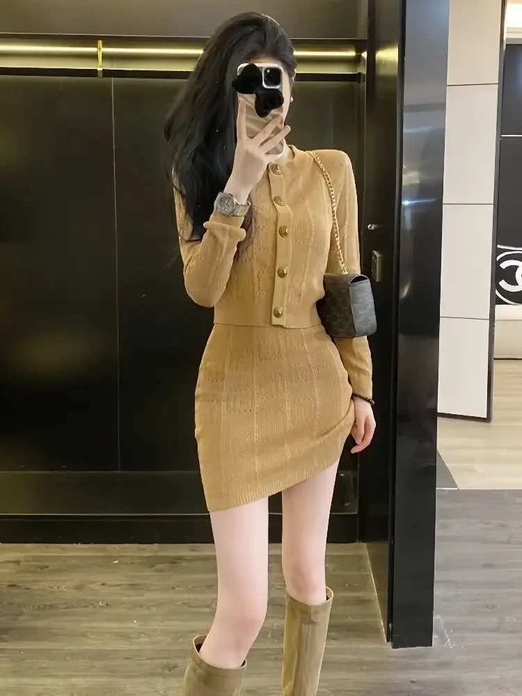 

French Elegant Sweater Sets Women Casual Long Sleeve Thin Cardigan Coats + Mini Dress Japan Fashion 2 Piece Knitted Suits Chic
