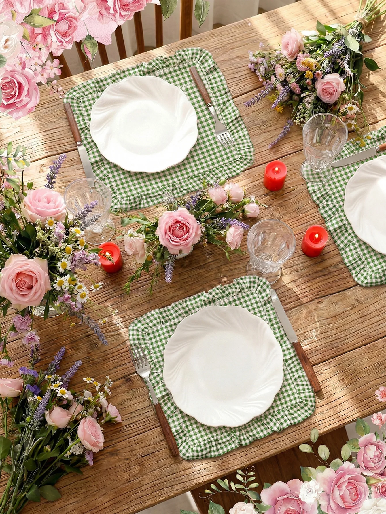 Set of 6 Square Green Gingham Placemats Green Grid Checkered Placemats with Ruffle Picnic Party Supplies Buffalo Plaid Table Mat - view 5