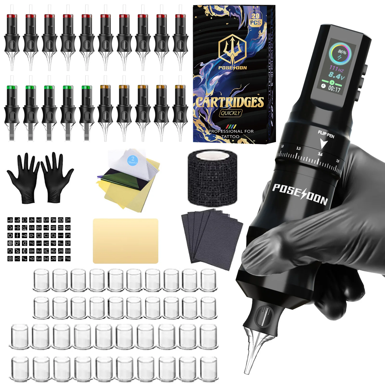 Tattoo Kit POSEIDON V5 Hot Tattoo Pen Kit For Permanent Makeup Tattoo Machine Kit High Power Tattoo Power Supply Tattoo Gun Kit