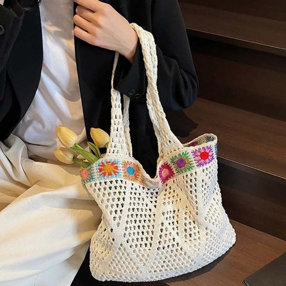 

Elegant Flower Knitting Shoulder Bag Large Capacity Solid Color Crochet Tote Bag Bohemian Hollow Woven Handbag Girl