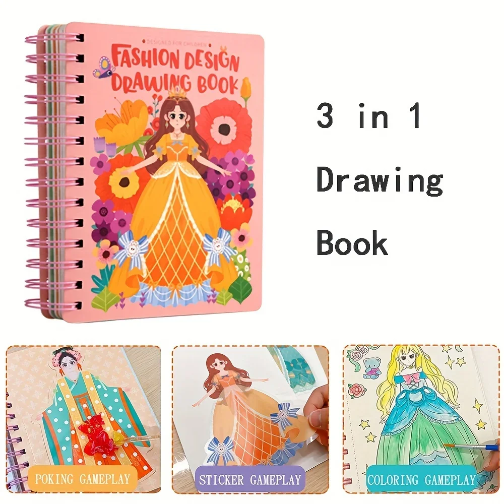 

3 In 1 Drawing Book, Princess Dress-up Activity Book With Watercolor Puzzle Puncture Painting, DIY Paper Art Craft Kit, Gift