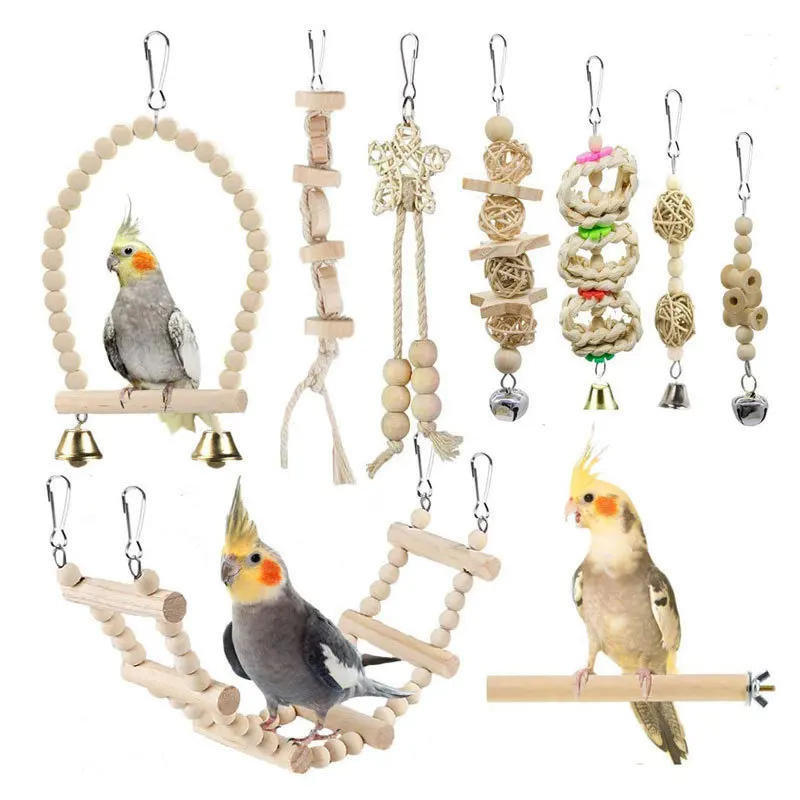 9PCS Set Combination Parrot Bird Toys Wood Articles Bite Pet Bird Toys For Parrot Training Bird Toy Swing Ball Bell Standi