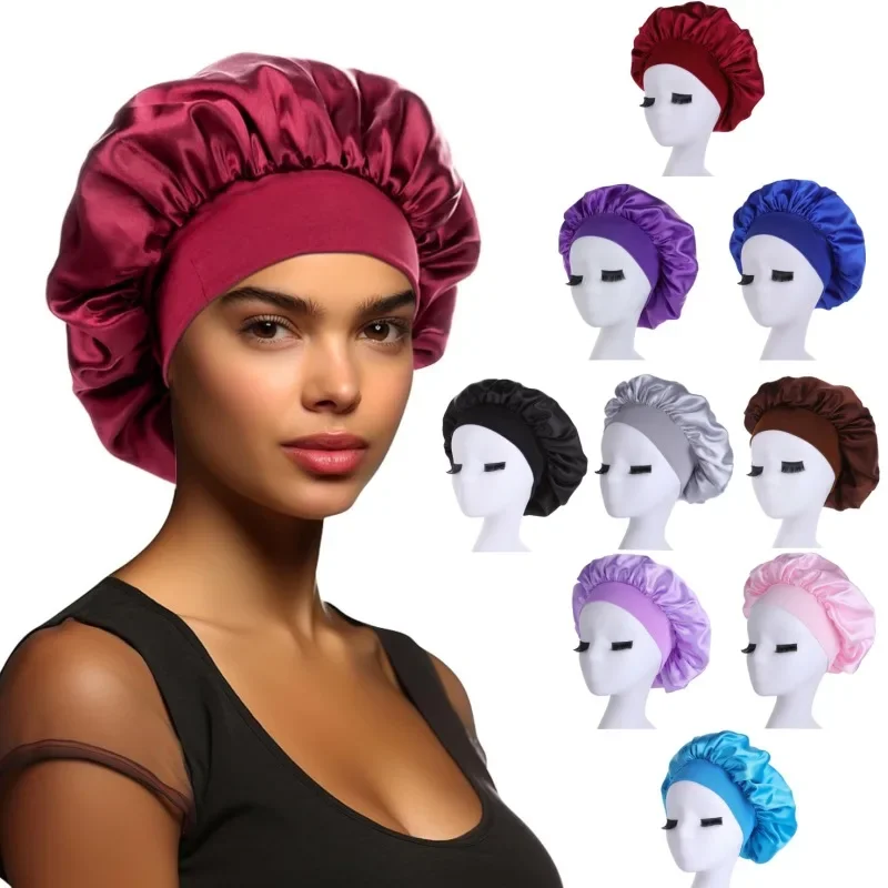 Soft Satin Hair Bonnet for Women Night Sleep Hair Caps Silky Bonnet Satin Double Layer Adjust Head Cover Hat for Curly Springy