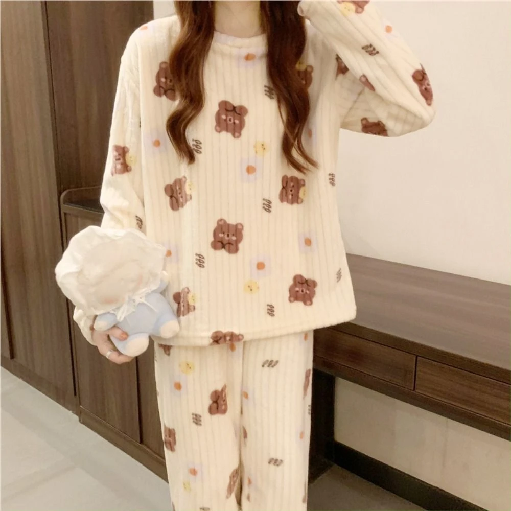 Leisure Bear Velvet Warm Sleepwear Peach Long Sleeve Cartoon Nightwear Flower Nightdress Suit Winter Homewear Girl Gift