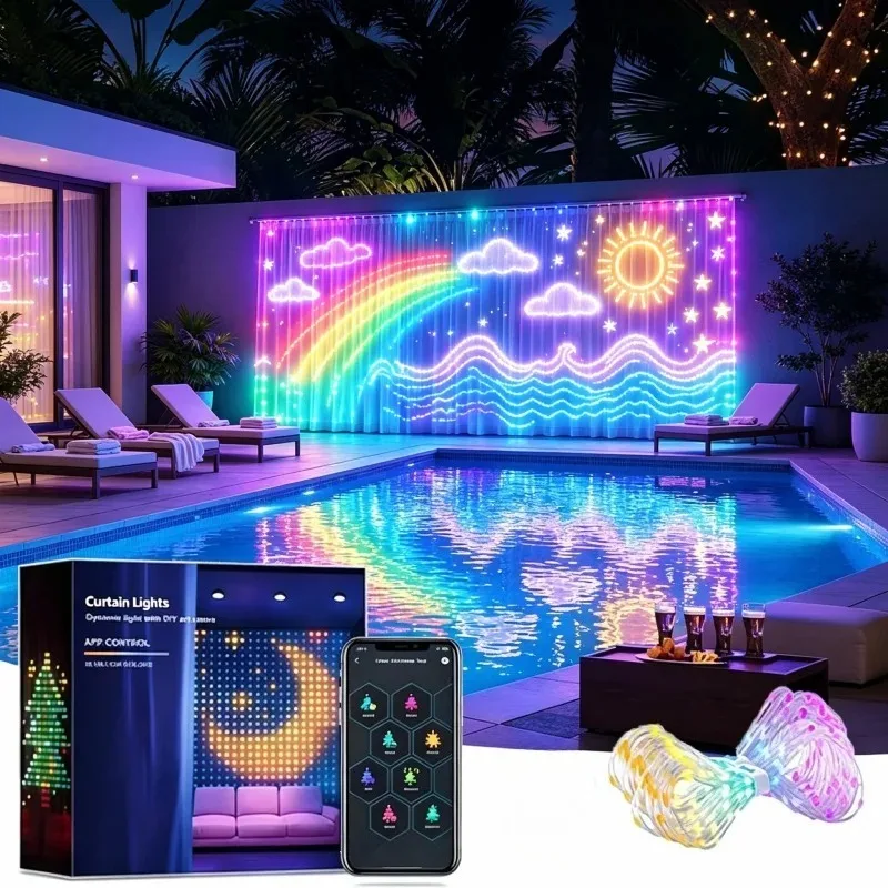 4PCs  Curtain Lights Christmas LED Smart APP Controlled DIY Text Pattern Animation Display Music Change Light Decor