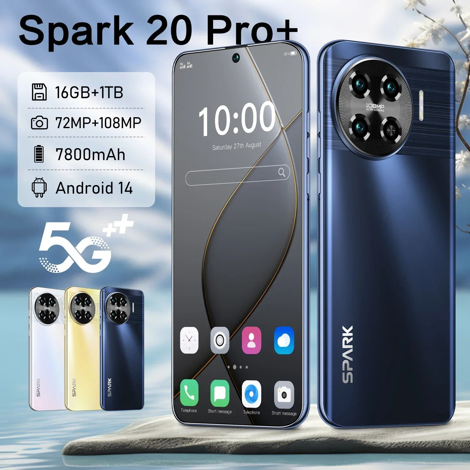 

Global Version Spark 20 Pro 5G Smartphone 7.6 Inch 16GB RAM+1TB ROM Snapdragon 8 gen3 108MP Camera 7800Mah Android 14.0 Phone