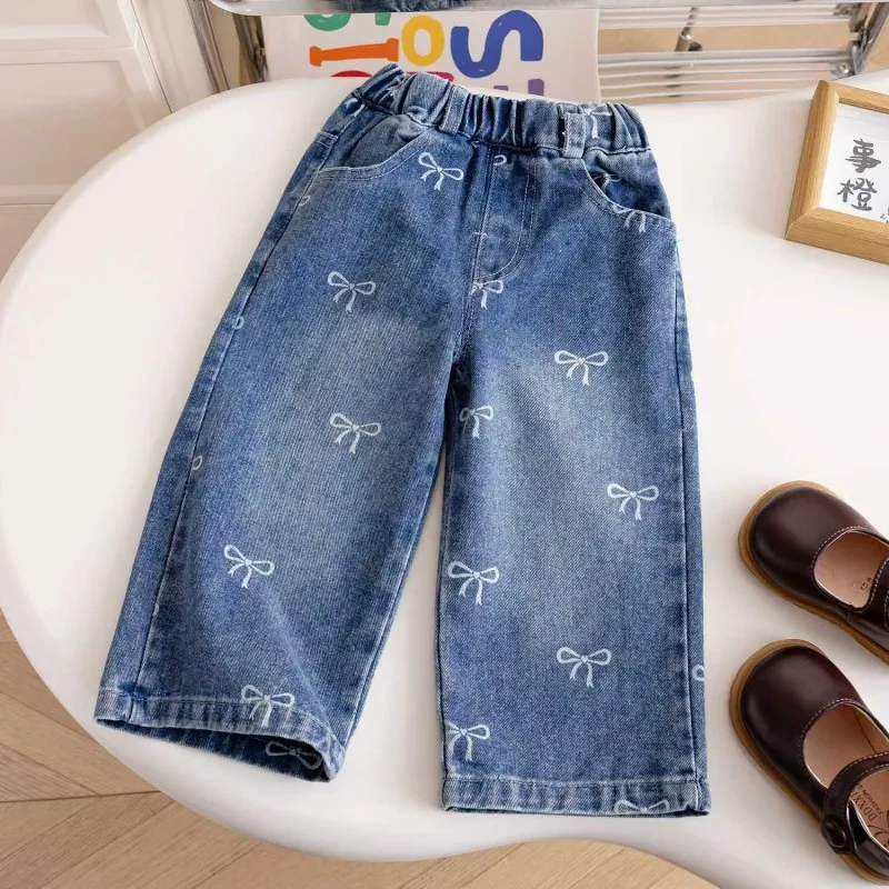 Children's Jeans New Clothes Girls Bow Print Pant 2025 Korean Version Fashion Pants Kids Loose Straight-leg Jeans for 1-6year