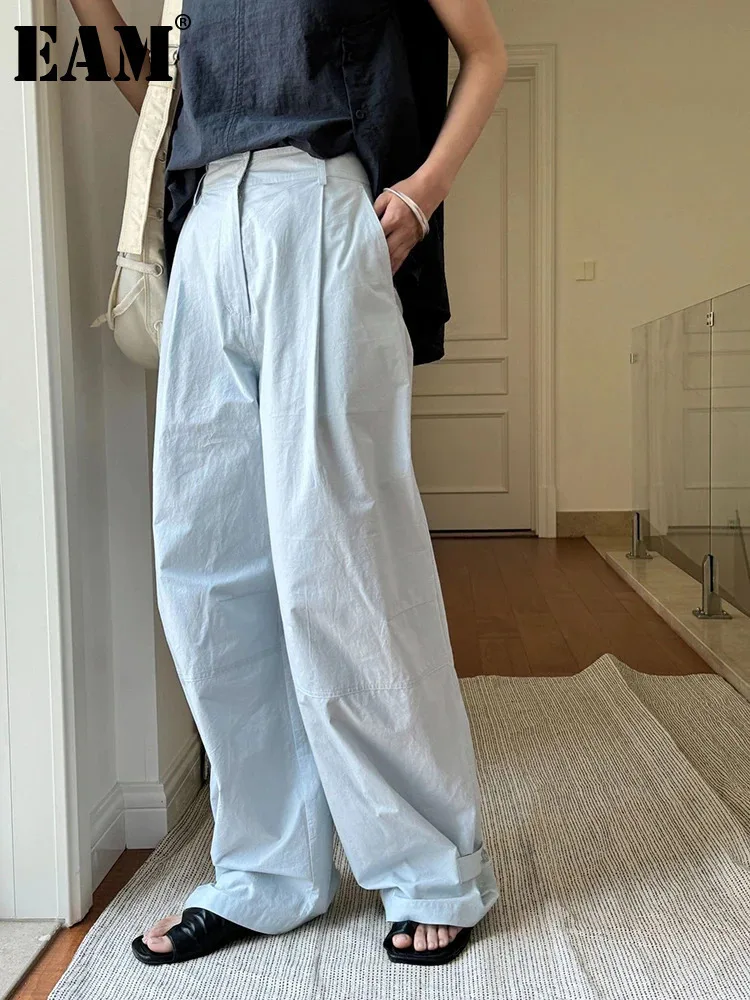 

[EAM] High Waist Blue Brief Pleated Long Wide Leg Casual Pants New Trousers Women Fashion Tide Spring Autumn 2024 1DH6025