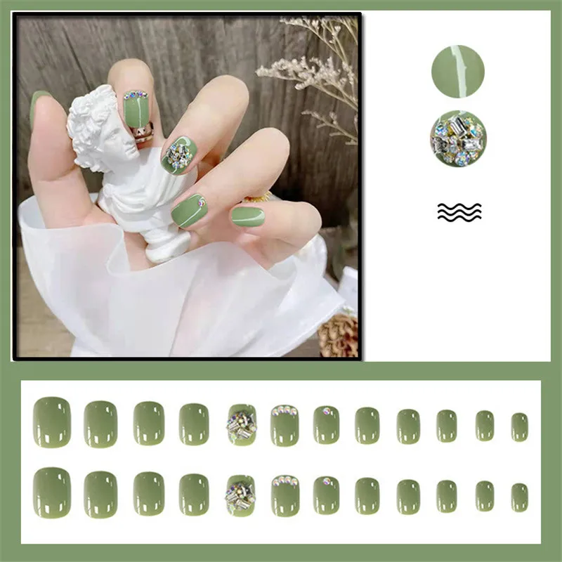 Parche de uñas postizas para mujer, blanqueador corto verde fresco de verano, maquillaje de uñas, té verde, uso de uñas