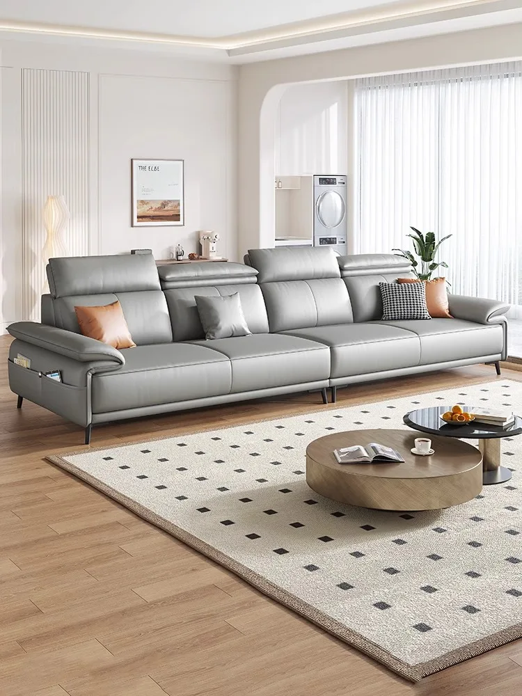 

Nordic leather sofa, Italian minimalist first layer cowhide, simple light luxury, straight row three-person leather sofa