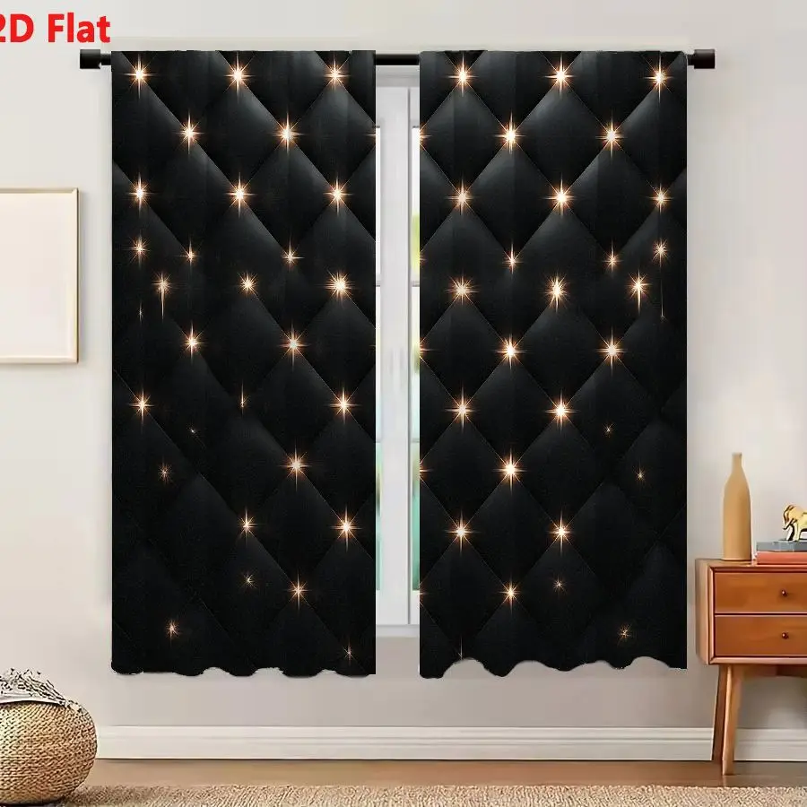 2Pcs Curtains Add 2D Flat Luxurious Dark Quilted Leather Background With Golden Studs And Starburst Light Effect Window Drapes f