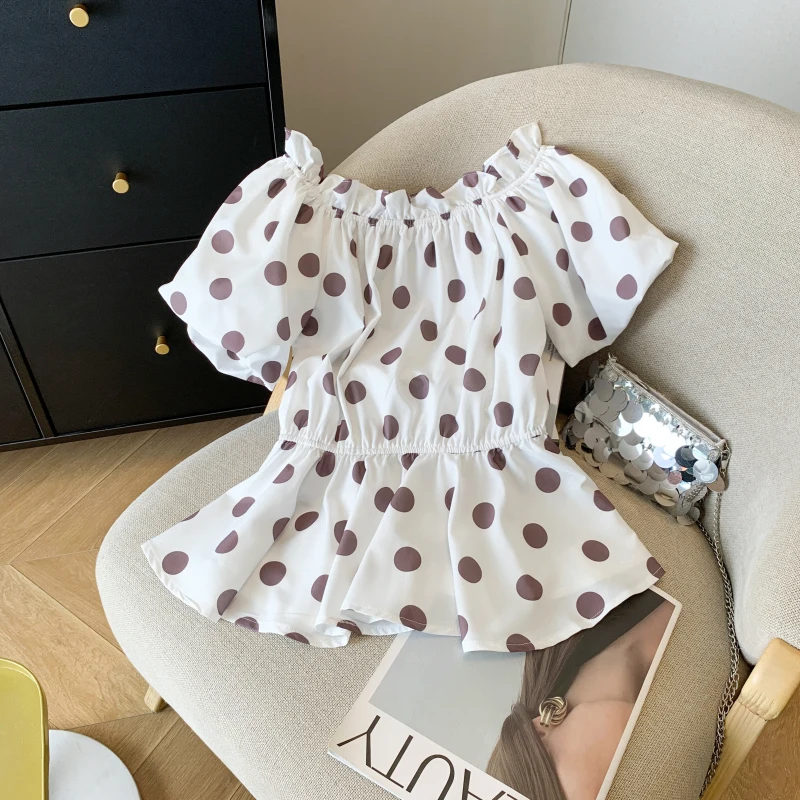 

New Korean Style Sweet Polka Dot Chiffon Shirt 2025 Women's Summer Fashion Off Shoulder Short Sleeve T-Shirt Ladies Chic Tops