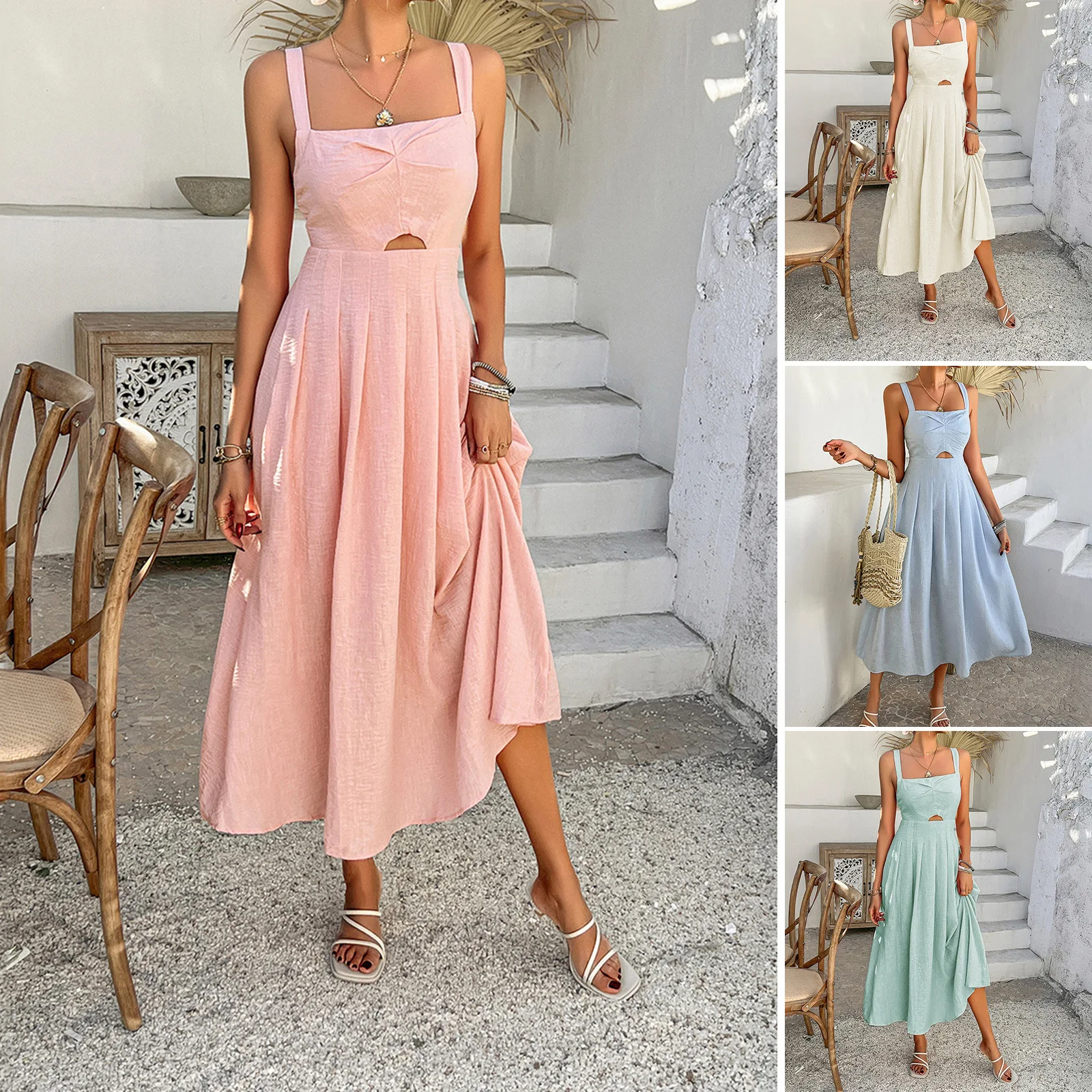 

Elegant Vacation Style Solid Color High Waist Suspender Dress Women's Clothing