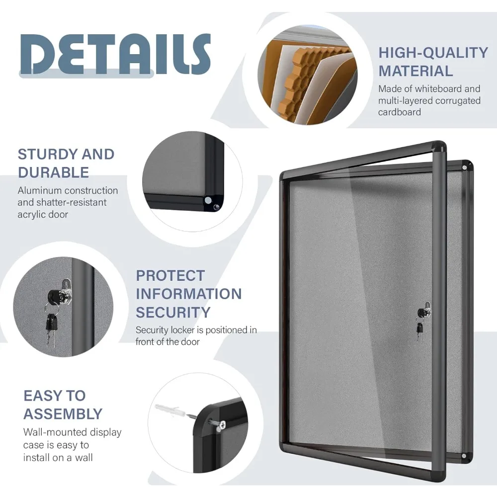 36x24 Lockable Bulletin Board, Shatterproof Felt Pin Board for Office School Home Business Security