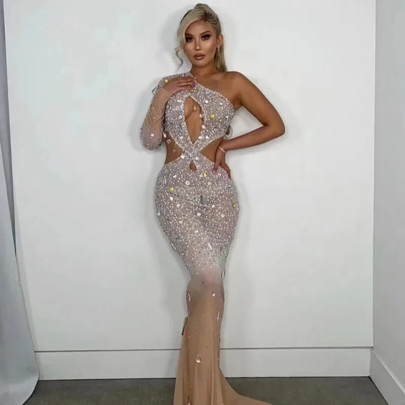 

New Arrival Beaded White Cross Chest Tight Waistless Dress European and American Stage Performance Costume Party Dress