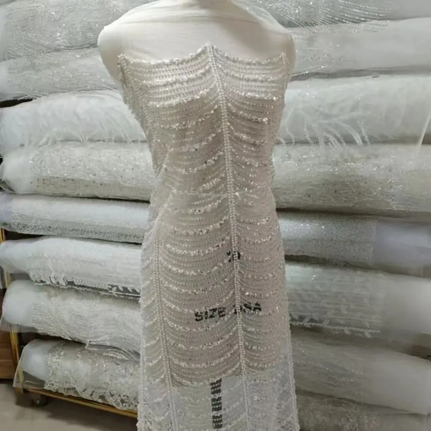 Tecido de casamento feminino lantejoulas tecido de malha contas transparentes vestido de banquete feminino, tecido de casamento, renda personalizada