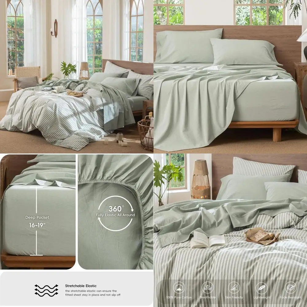 

Комплект постельного белья из 100% хлопка и льна, дышащий и мягкий, зеленый шалфей, королевский размер