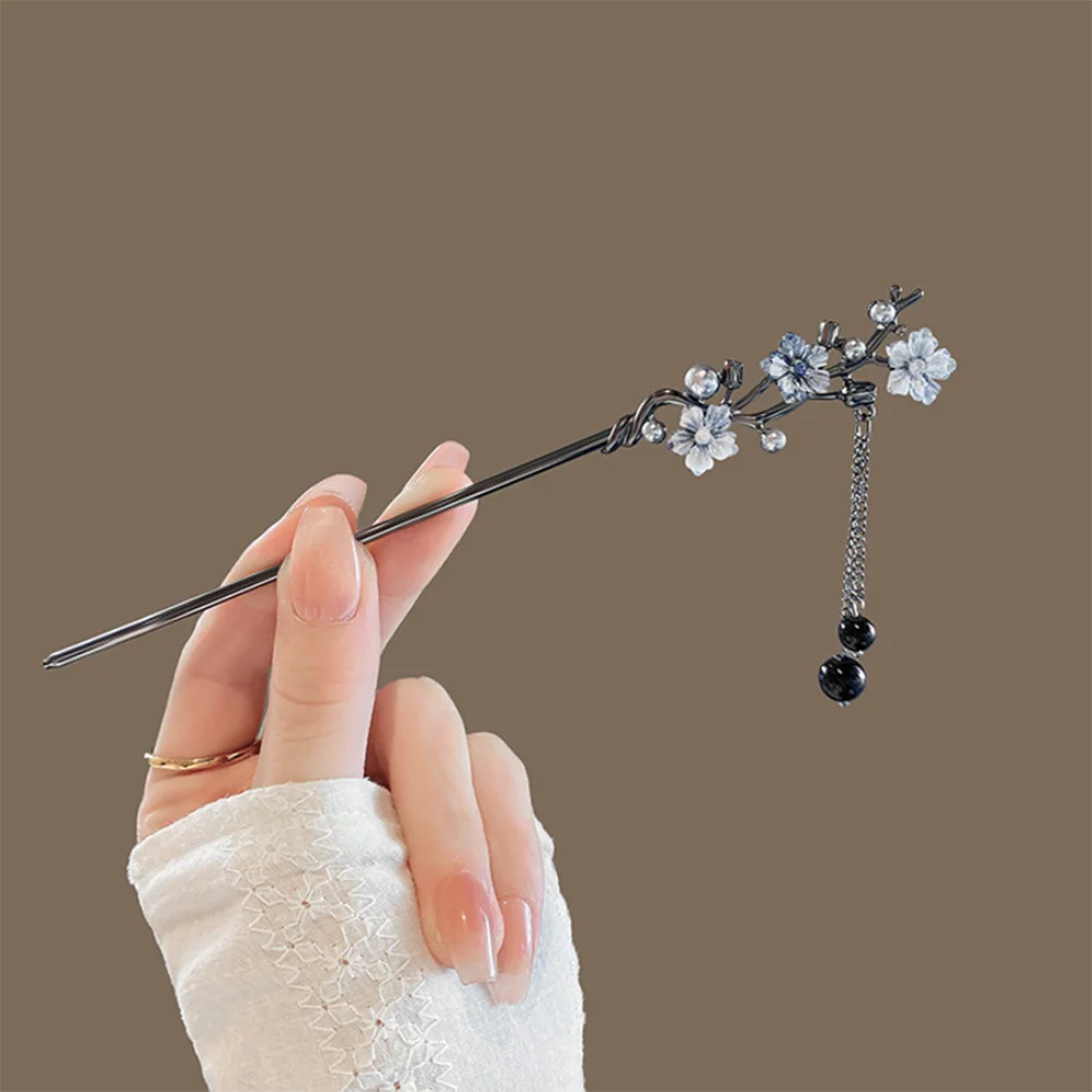 Modern Metal Hair Stick Ink Flower Metal Tassel Hairpin Forks For Women Black Beads Hair Clasp New Chinese Hanfu Hair Jewelry