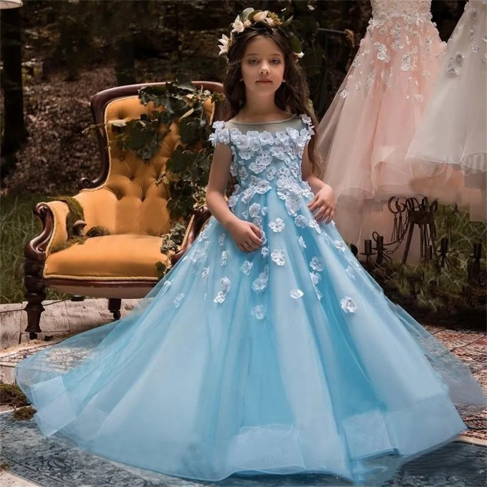 Blue Flower Girl Dresses Sheer Neck for Wedding First Communion 3D Flora Appliques Girls Birthda Gowns Hollow Back Children