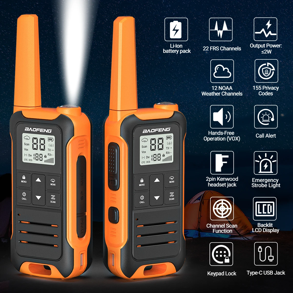 Baofeng-F22 Mini walkie talkie, PMR, FRS, portátil, display LCD, rádio bidirecional, suporte tipo-c carregador para caça, camping, viagem, 2pcs