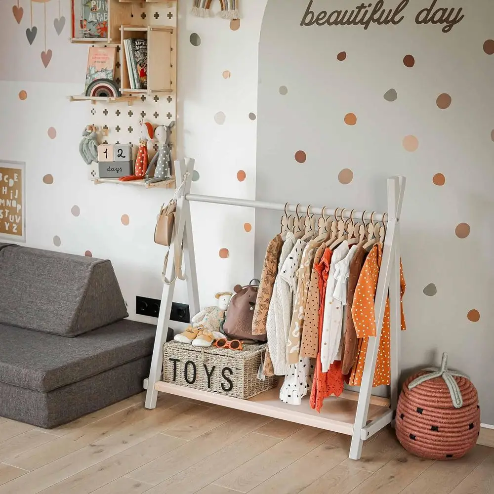 Stile Abbigliamento con portaoggetti, Abbigliamento in legno massello, Armadio per bambini, Abbigliamento in legno Appendiabiti in legno (Grigio)