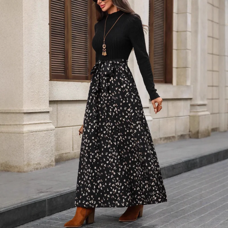 Winter nieuwe retro damesjurk met ronde hals en lange mouwen, zwart bedrukte swingjurk