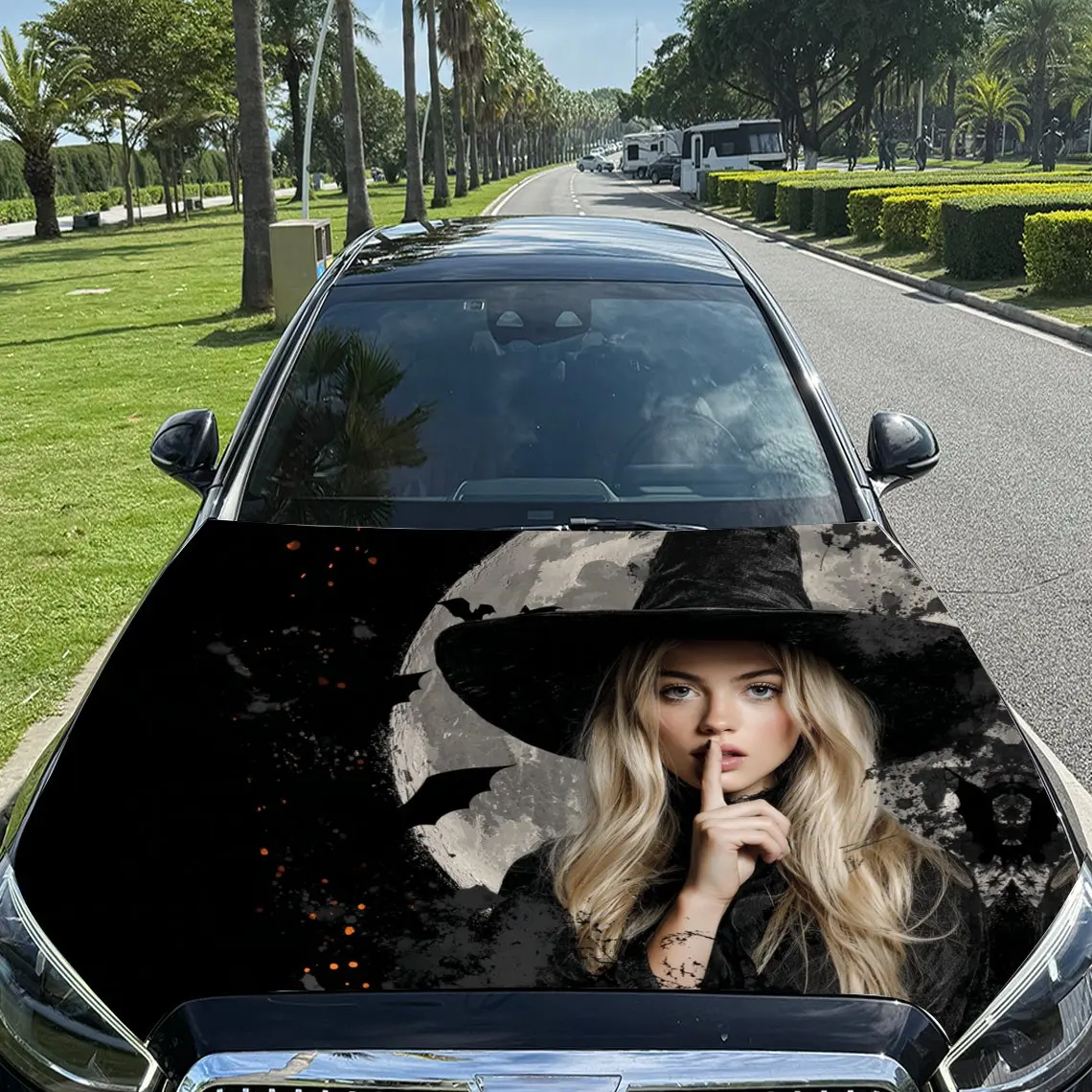 

Moonlit Witch and Bats Car Vinyl Wrap, PVC Material Waterproof Car Hood Sticker, Self-Adhesive Scratch-Resistant Stickers for En