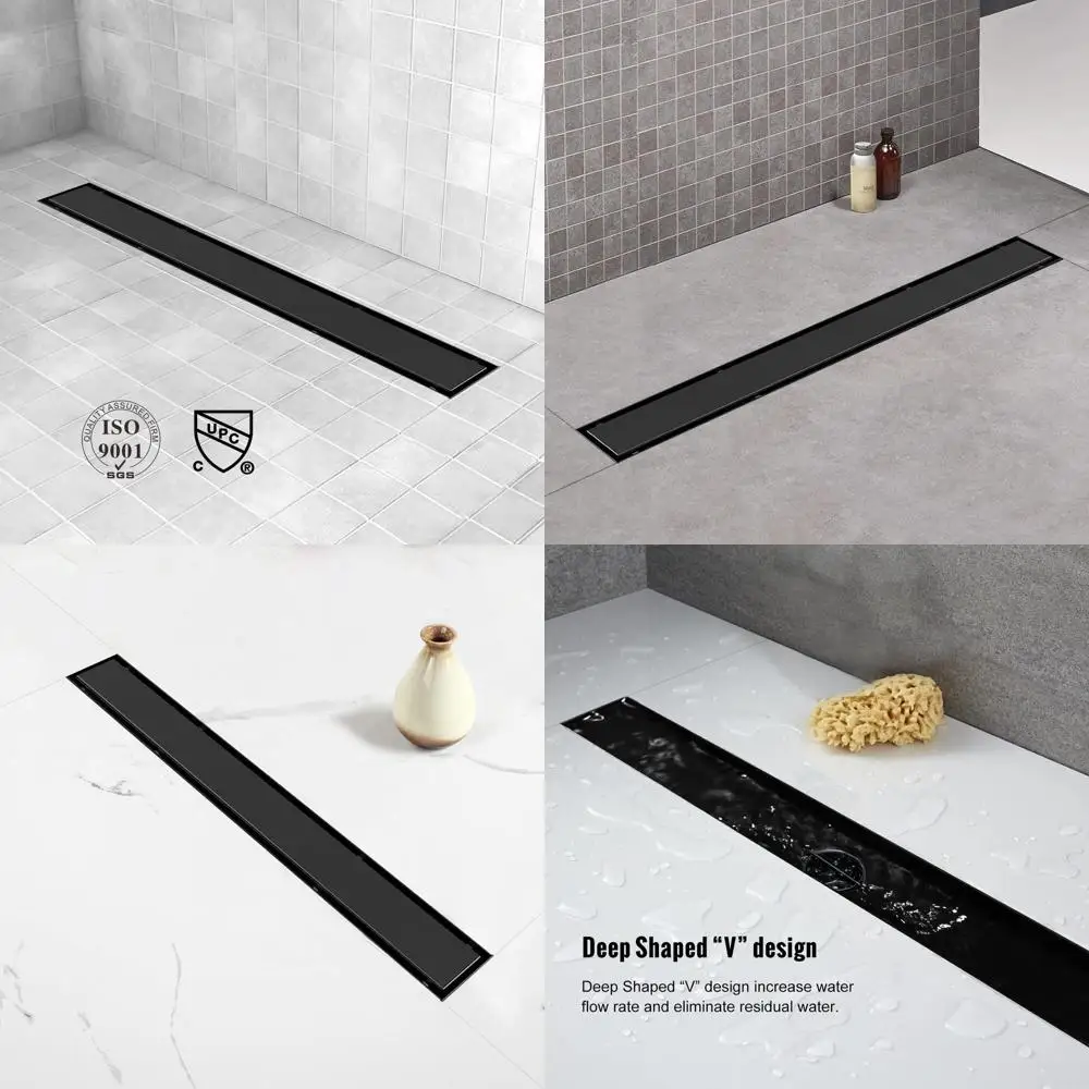 

32 Black Linear Shower Drain with Tile Insert, Brushed Stainless Steel Floor Drain, Hair Strainer & Adjustable Feet