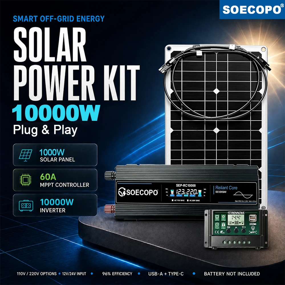 Solar Power Kit for Lighting Router Computer Fan 10000W Inverter 1000W Panel 60A MPPT Controller 12V 24V to 110V 220V Backup Use