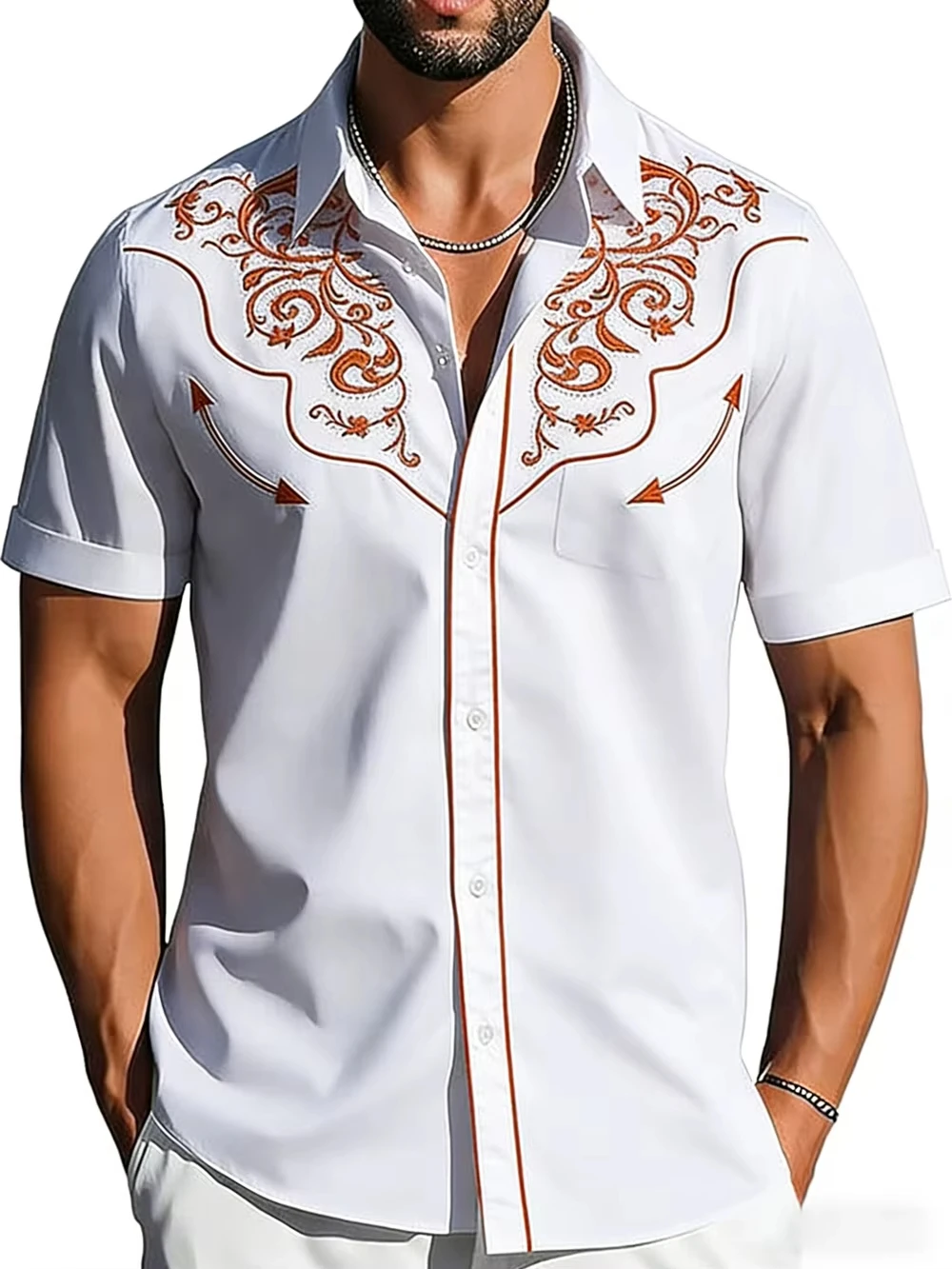 Men White Western Cowboy Orange Scroll Embroidery Short Sleeve Shirt Turn Down Collar Chest Pocket Country Casual Tops