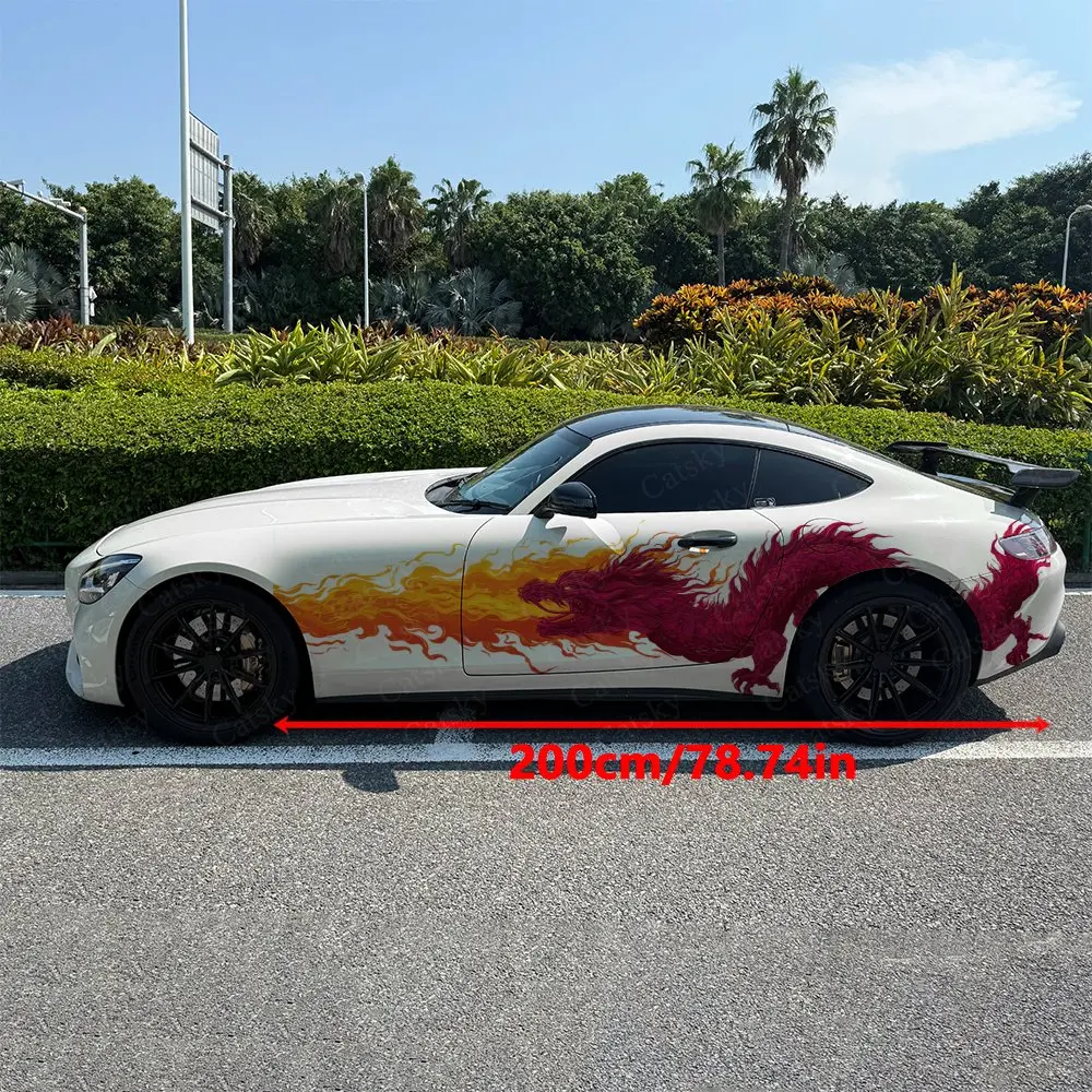 Splatter Style Flame Dragon Car Side Wraps, Self-Adhesive PVC Waterproof & Scratch-Resistant Stickers, Car Accessory Gift