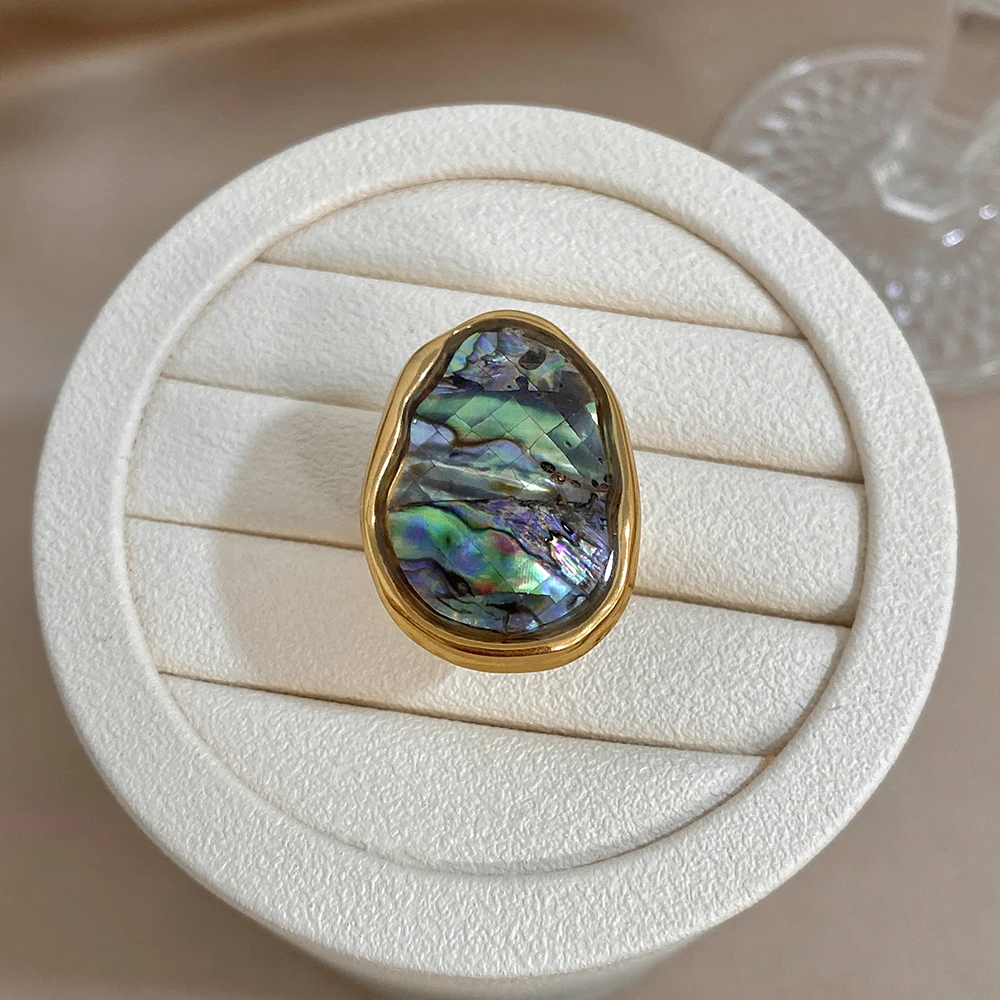 

DODOHAO Boho Irregular Scallop Colored Stainless Steel Ring for Women Gloss Waterproof Gold Color Ring Beach Vacation Jewelry