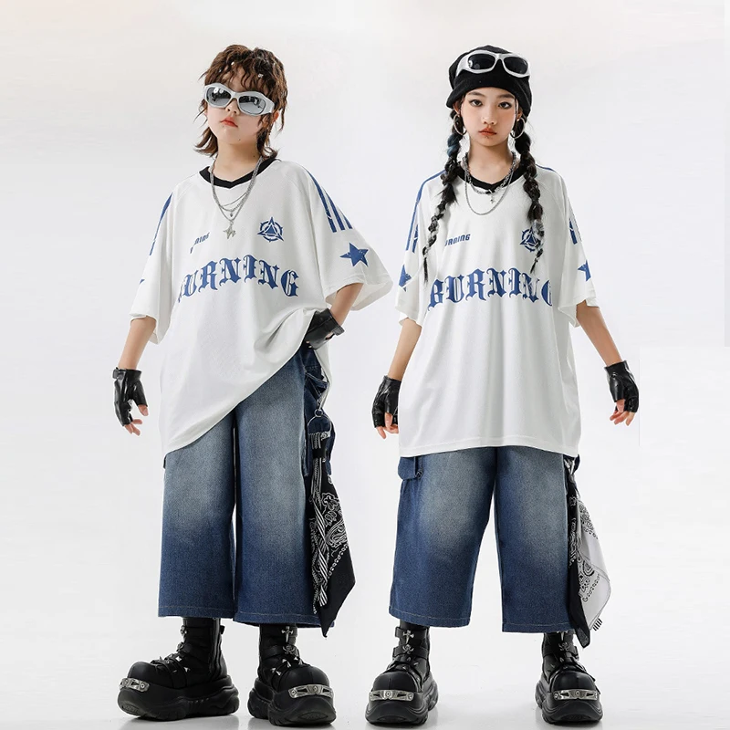 소녀 힙합 재즈 복장 멋진 소년 스트리트 댄스 의상 어린이 streetwear 십대 의상 느슨한 7 피트 데님 반바지 세트 xh2970