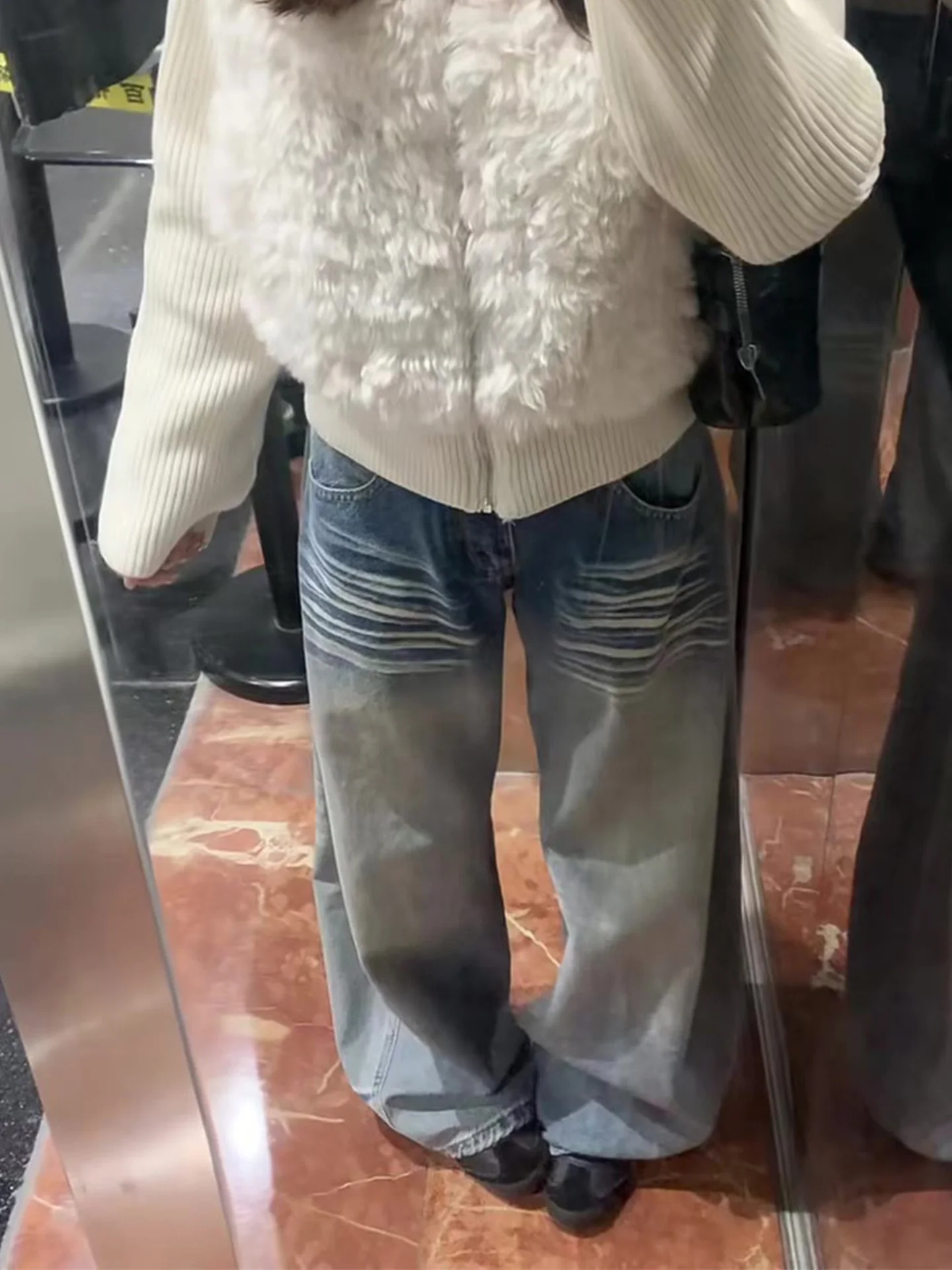 Retro American Sle Women's Wide Leg Jeans Faded Denim High Waist Straight Cut Long Trousers Autumn Winter New Sle Slimmin...