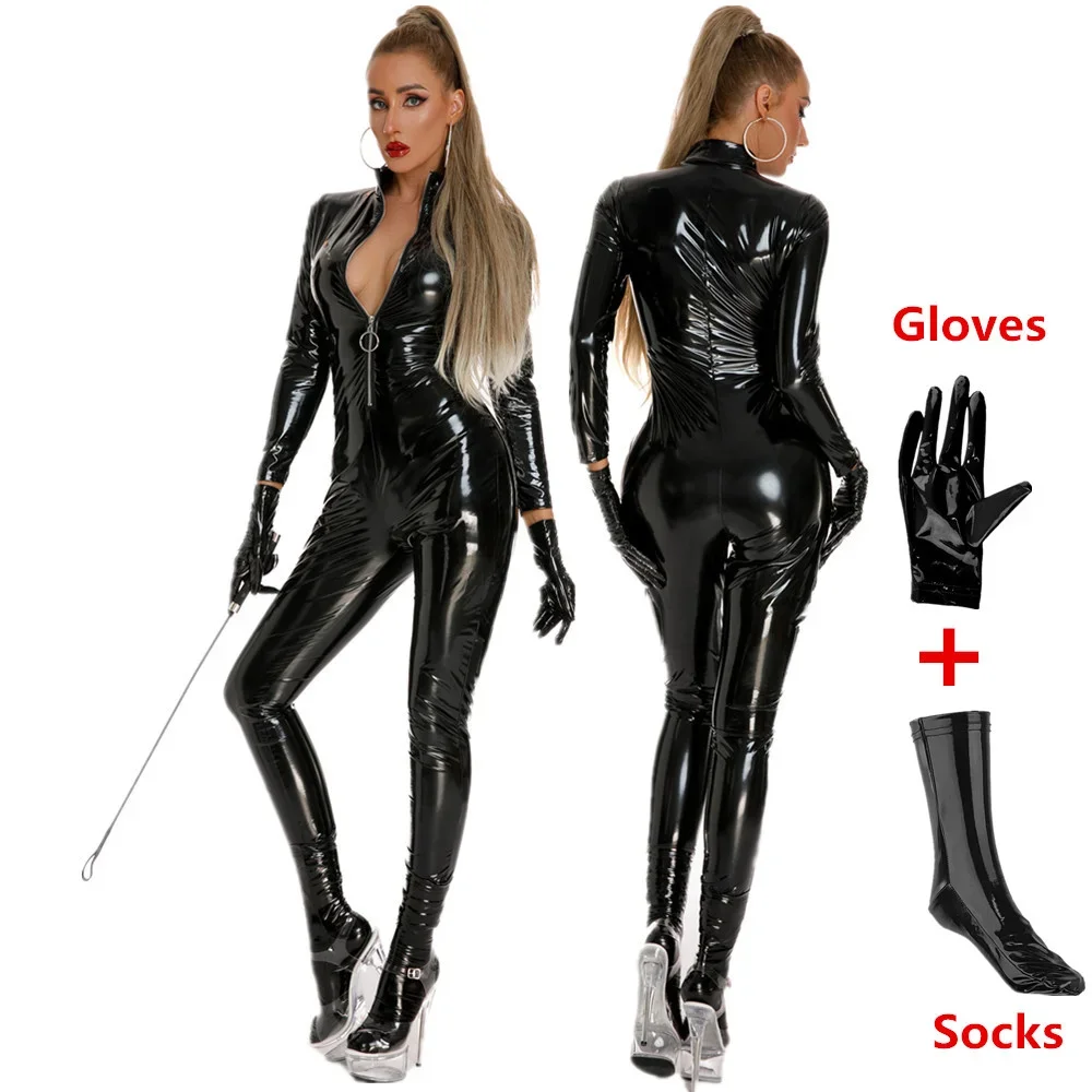 Women Black Shiny PU Latex Bodysuit Sexy Zip Open Crotch Catsuit Skinny Faux Leather Jumpsuit Clubwear PVC Latex Bodysuit