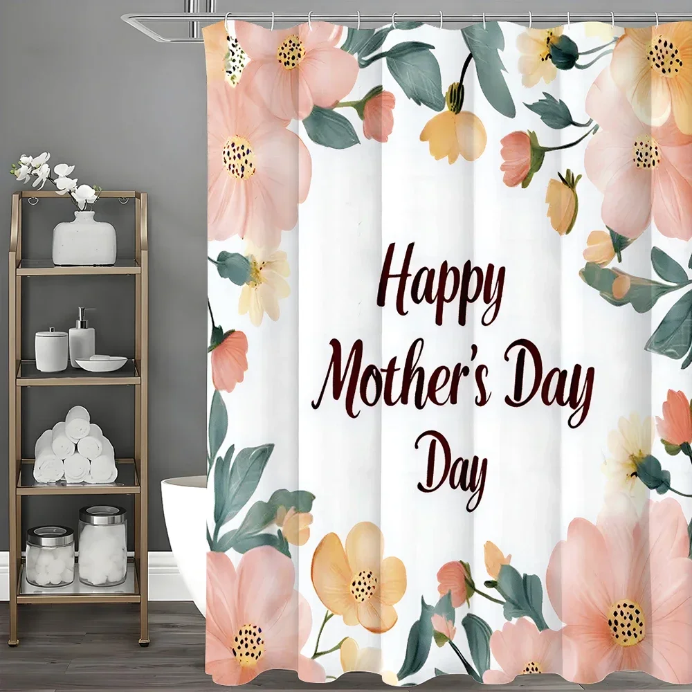 

YXMother's Day Pink Floral Text Shower Curtain, Bathroom Decorative Shower Curtain, Waterproof Shower Curtain with Hooks