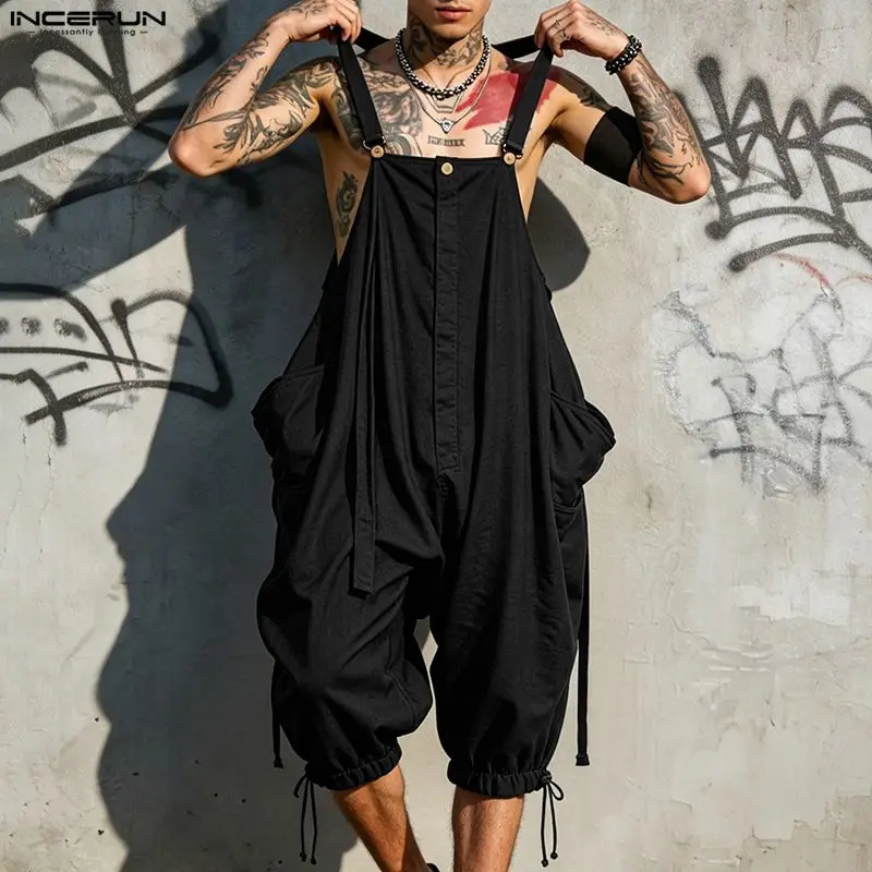 INCERUN Men's Jumpsuits Solid Suspender Straps Overalls For Man Streetwear Sleeveless Loose Fashion Casual Male Rompers Pants view 3