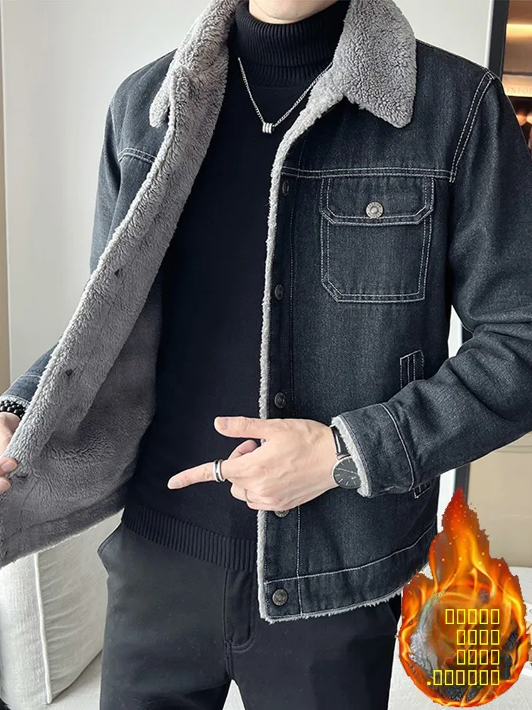 

Мужская джинсовая куртка с утепленным воротником, зимняя теплая модная верхняя одежда, молодежная, с воротником-стойкой, стандартный крой