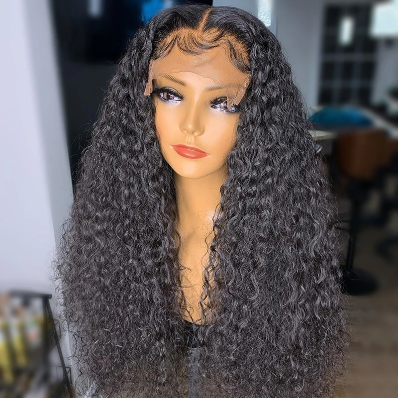 شعر مستعار أسود 26 بوصة بدون صمغ طويل غريب مجعد 180 كثافة شعر مستعار أمامي من الدانتيل العميق للنساء مع شعر أطفال مقطوف مسبقًا يوميًا